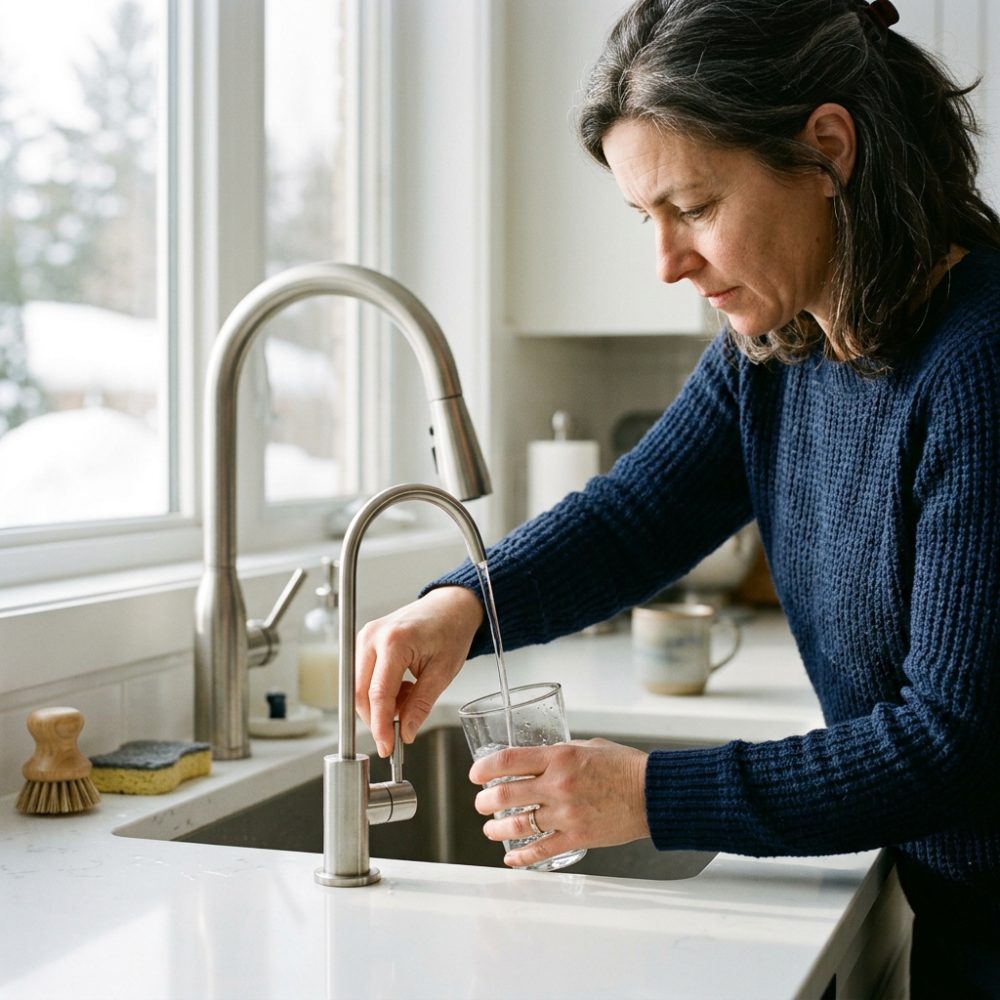 Filling a glass from the reverse osmosis faucet at the kitchen sink